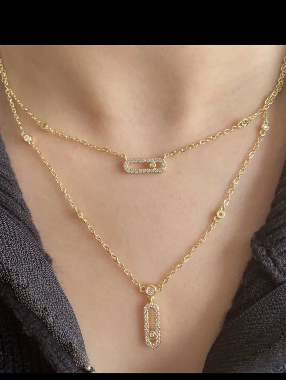 14K Gold Plated Geometrical Link Paperclip Designer Inspired Diamond Necklace